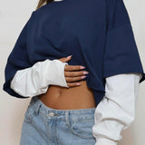 חולצת קרופ שילוב כחולה