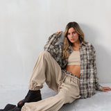 חליפת 3 חלקים משבצות אבן בשילוב חום