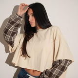 חולצת שרוול משבצות שמנת