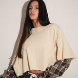 חולצת שרוול משבצות שמנת